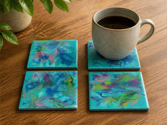 Tropical Watercolor Fluid Art Coasters – Vibrant Teal & Magenta Set
