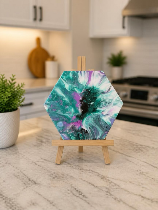 Emerald Nebula Hexagon Trivet – 9-Inch Hand-Painted Fluid Art & Resin