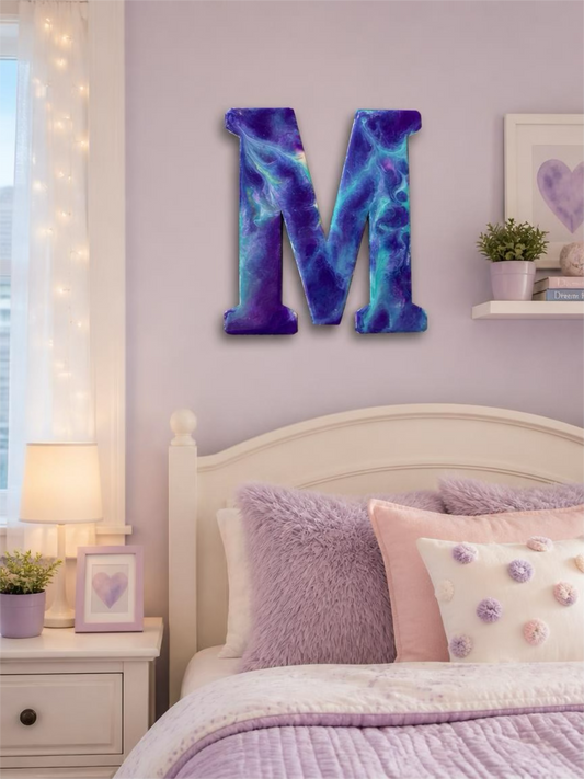 Cosmic Nebula Hand-Painted Resin Decorative Letter "M" – 12-Inch Custom Wall & Shelf Accent