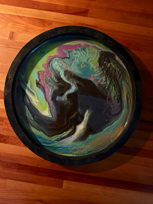 "Midnight Bloom" Handcrafted Resin Art 12 Inch Wood Tray
