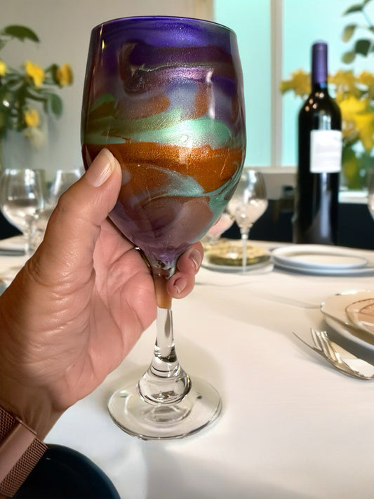 Hand-Painted Purple, Copper & Teal Wine Glass