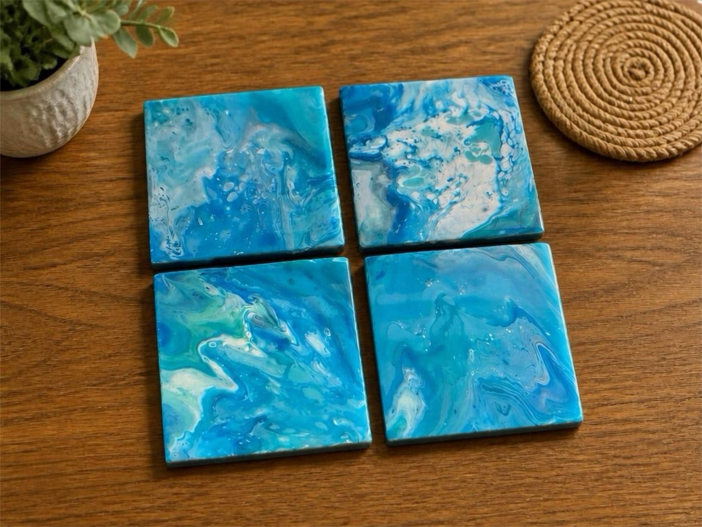 "Carribean Tide" Hand-Poured Resin Coasters – Set of 4