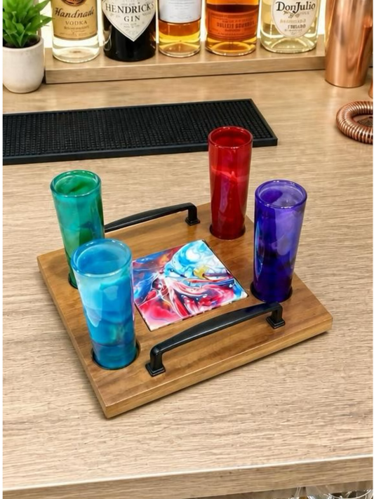 Kaleidoscope Shot Glass Flight Set – Custom Wood Serving Tray with Art Tile