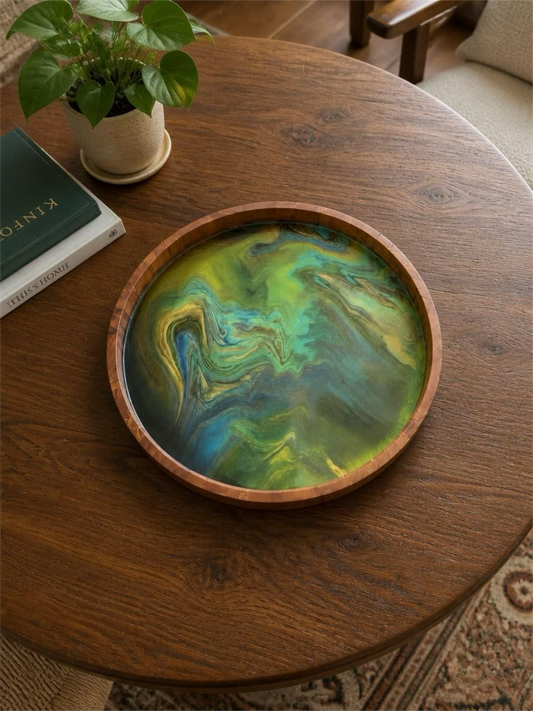 "Emerald Galaxy" Handcrafted Resin Inlay 14 Inch Wood Tray