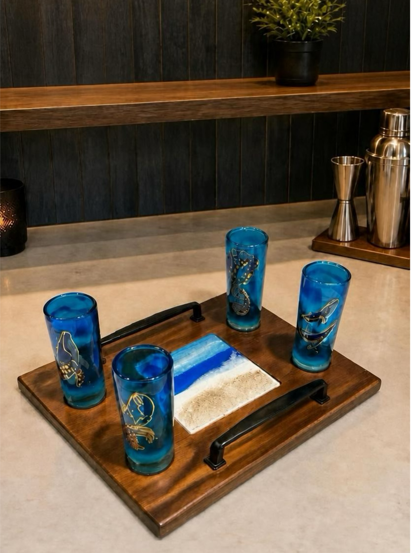 Nautical Treasures 4 Shot Glass & Custom Wooden Serving Tray Gift Set