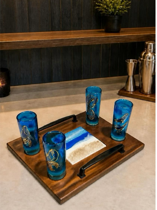Nautical Treasures 4 Shot Glass & Custom Wooden Serving Tray Gift Set