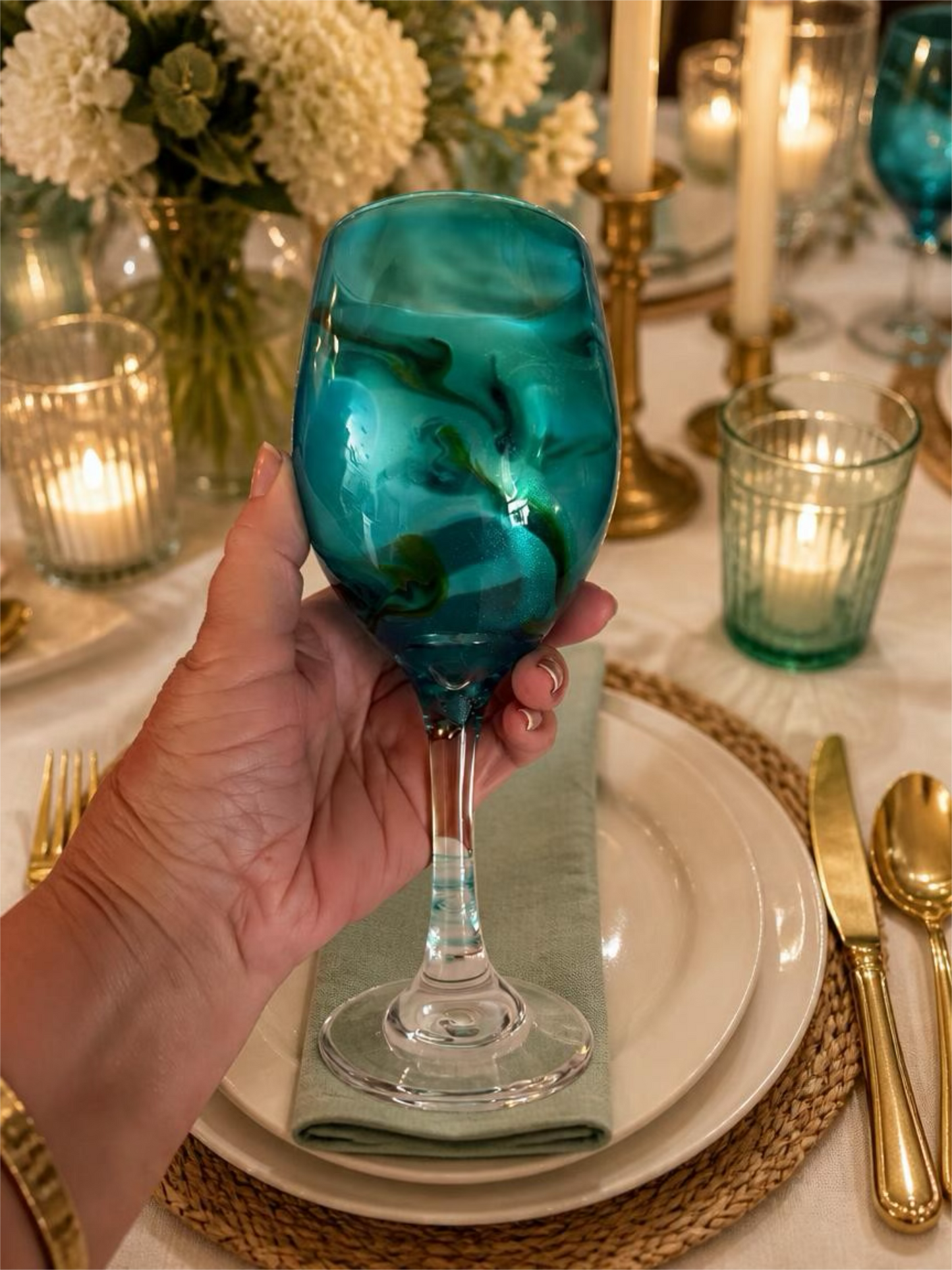 Turquoise Swirl Wine Glass – Handcrafted Jewel Tone DrinkwareH