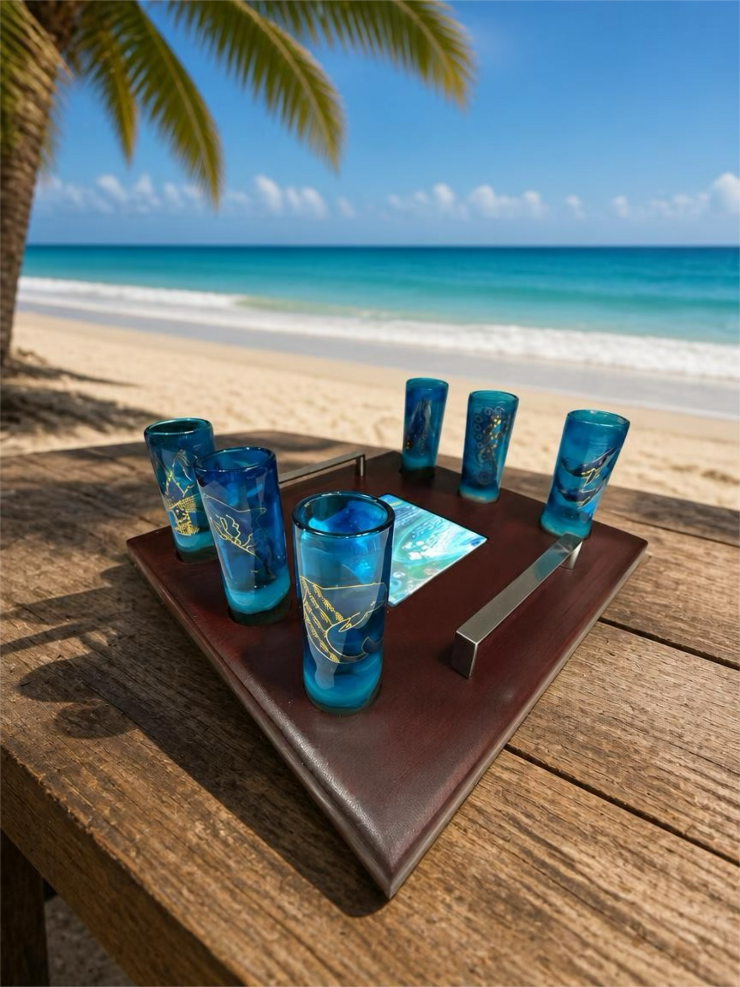 Nautical Treasures 6 Shot Glass & Custom Wooden Serving Tray Gift Set.