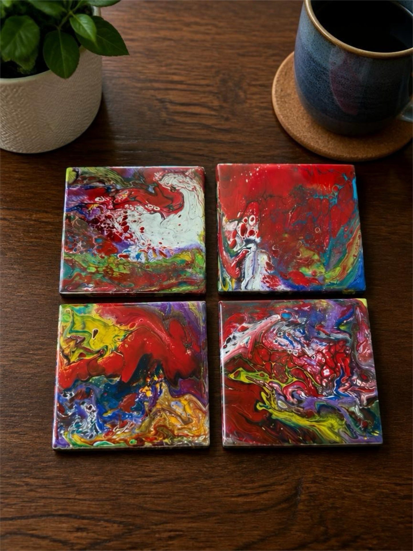 "Kaleidoscope Flow" Hand-Poured Resin Coasters – Set of 4
