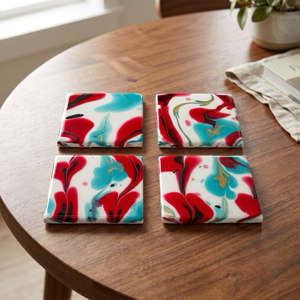 Crimson & Turquoise Acrylic Fluid Art Coasters (Set of 4)