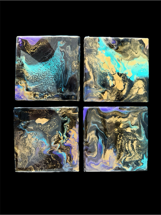 Celestial Nebula Metallic Fluid Art Set of 4 Coasters
