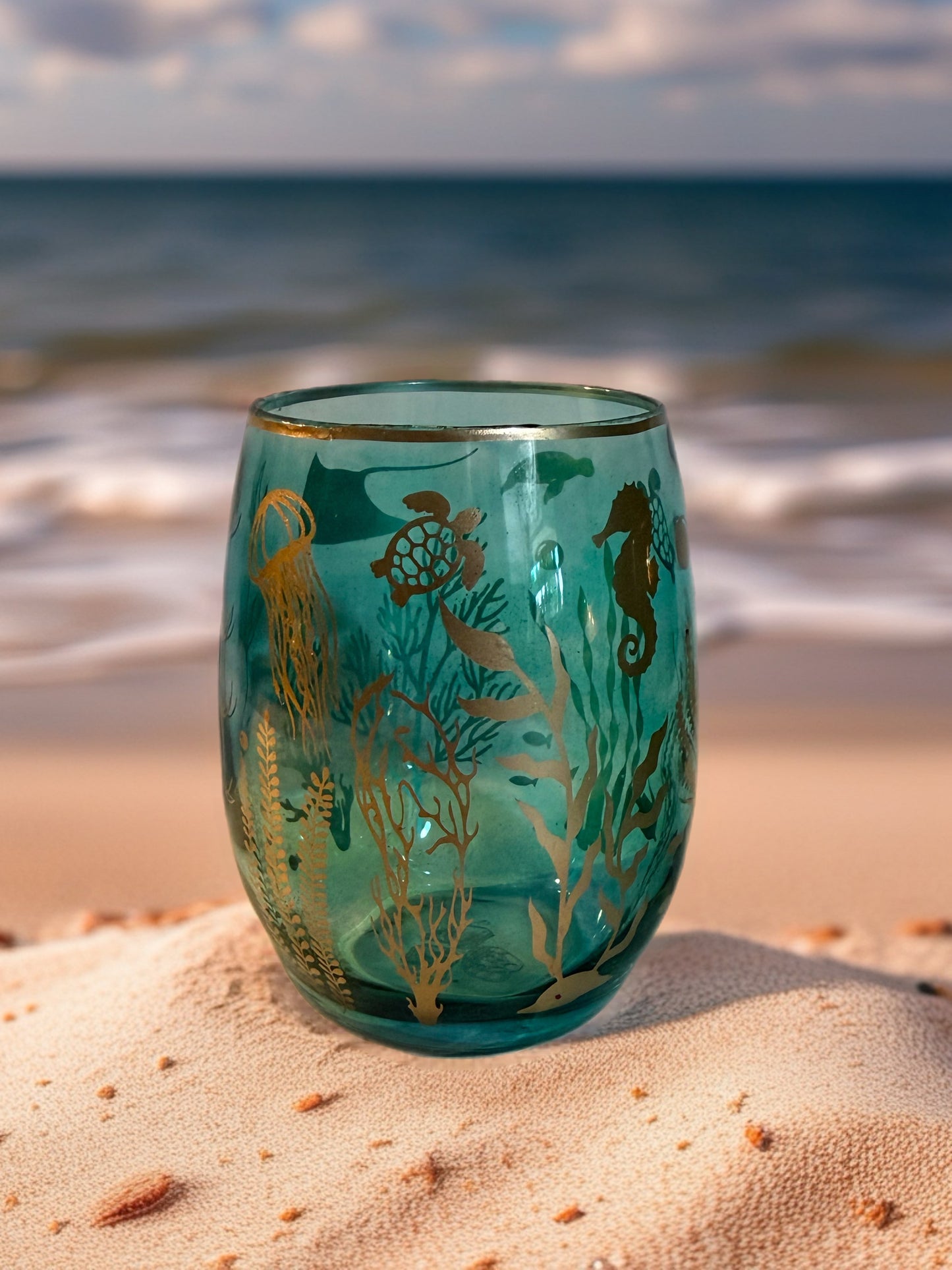 Teal Coastal Wine Glass - Handcrafted with Gold Marine Art