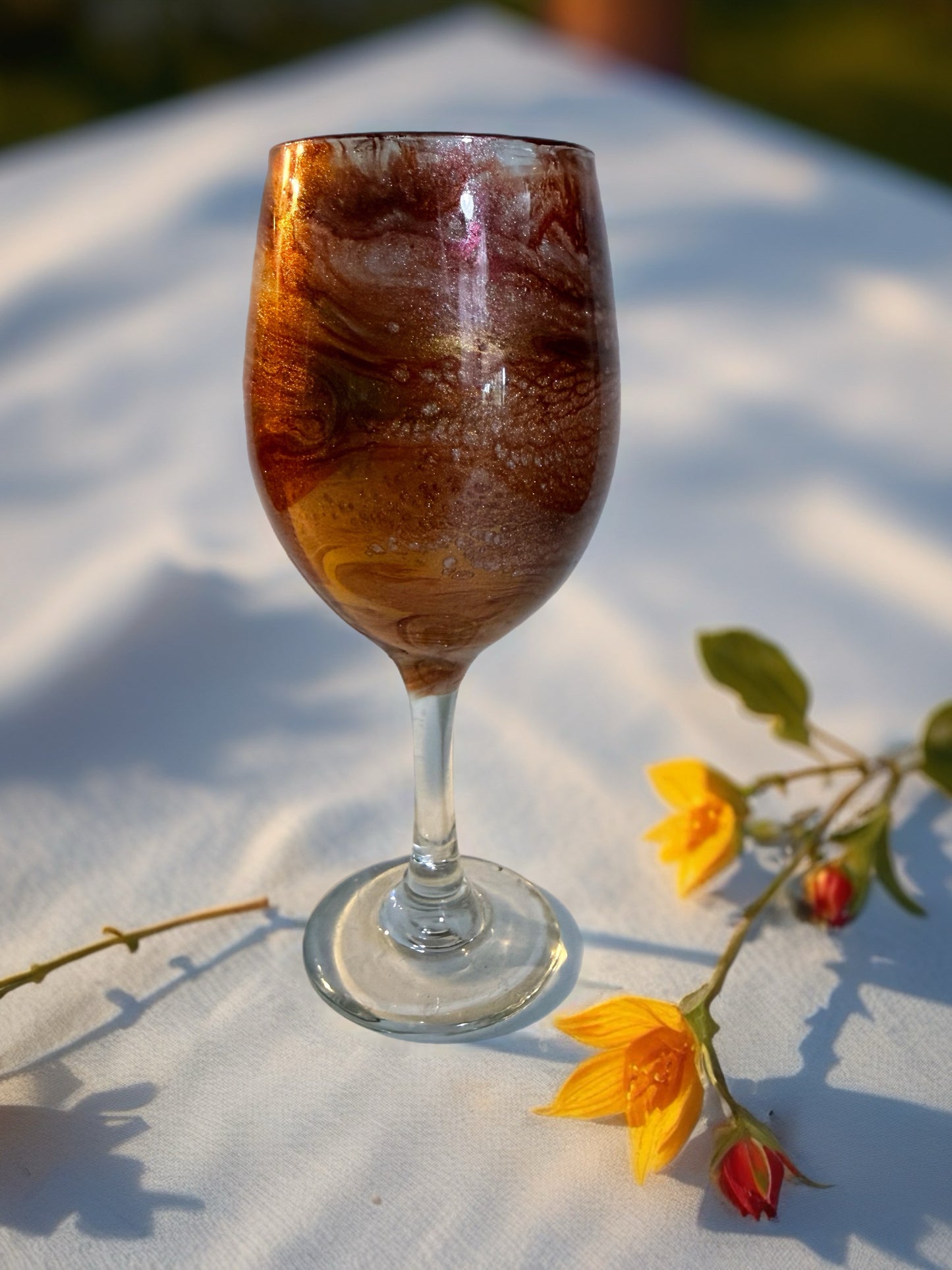 Handcrafted Bronze, Gold &amp; Copper Marbled Wine Glass
