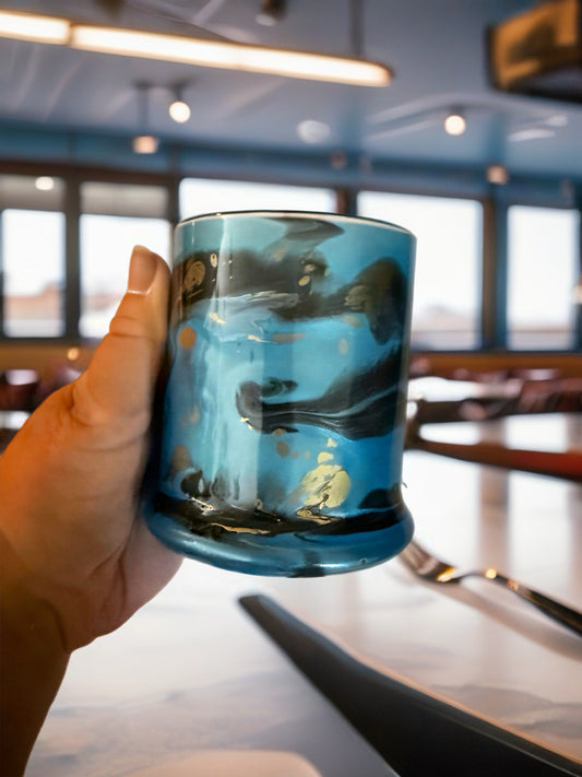 Hand-Painted Blue & Gold Swirl Whiskey Glass