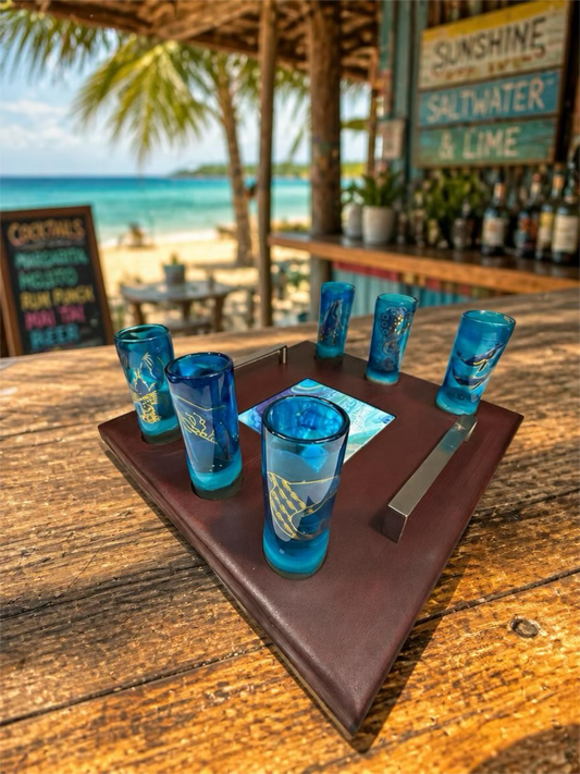 Nautical Treasures 6 Shot Glass & Custom Wooden Serving Tray Gift Set.