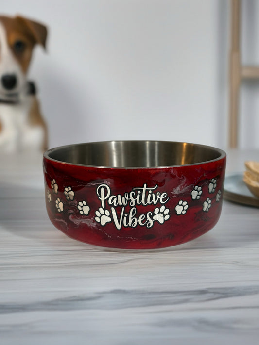 Stainless Steel 60 oz Dog Bowl – Red “Pawsitive Vibes” Design