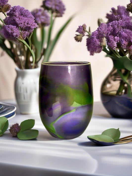 Hand-Painted Purple & Green Shimmer Stemless Wine Glass