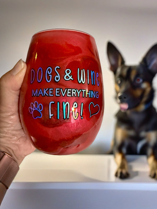Hand-Painted "Dogs & Wine" Stemless Wine Glass