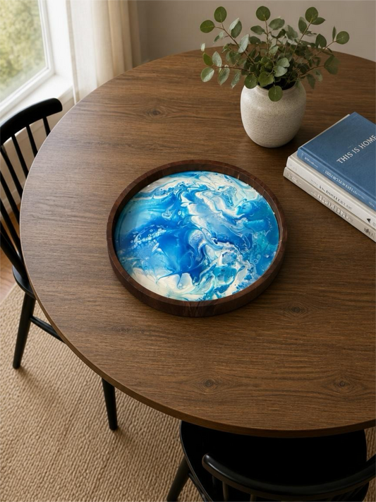 “Blue Tide Drift” 12‑Inch Handcrafted Wooden Tray