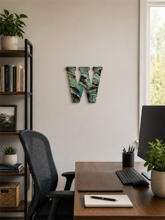 Verdant Abyss Hand-Painted Resin Decorative Letter "W" – 12-Inch Custom Wall & Shelf Accent