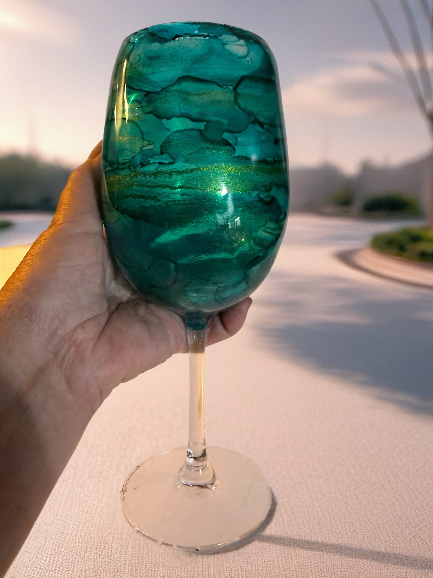 Emerald Tide Hand‑Painted Wine Glass