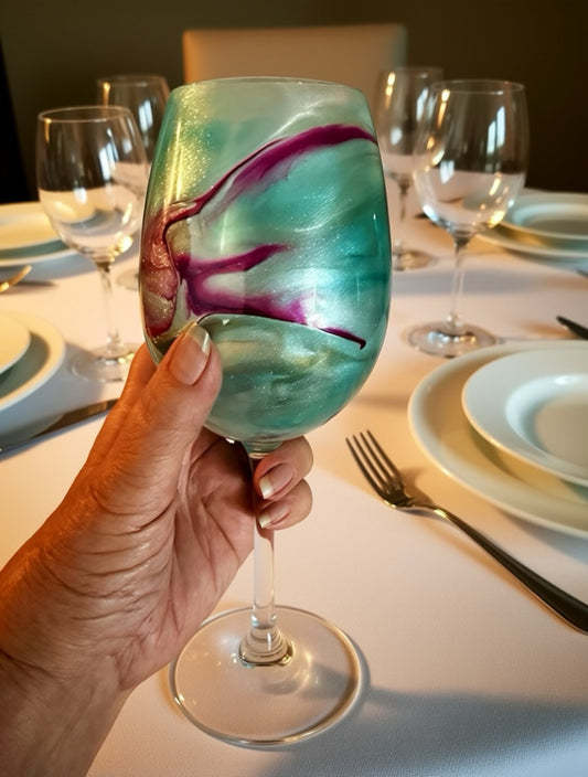 Handcrafted Teal & Magenta Marbled Wine Glass