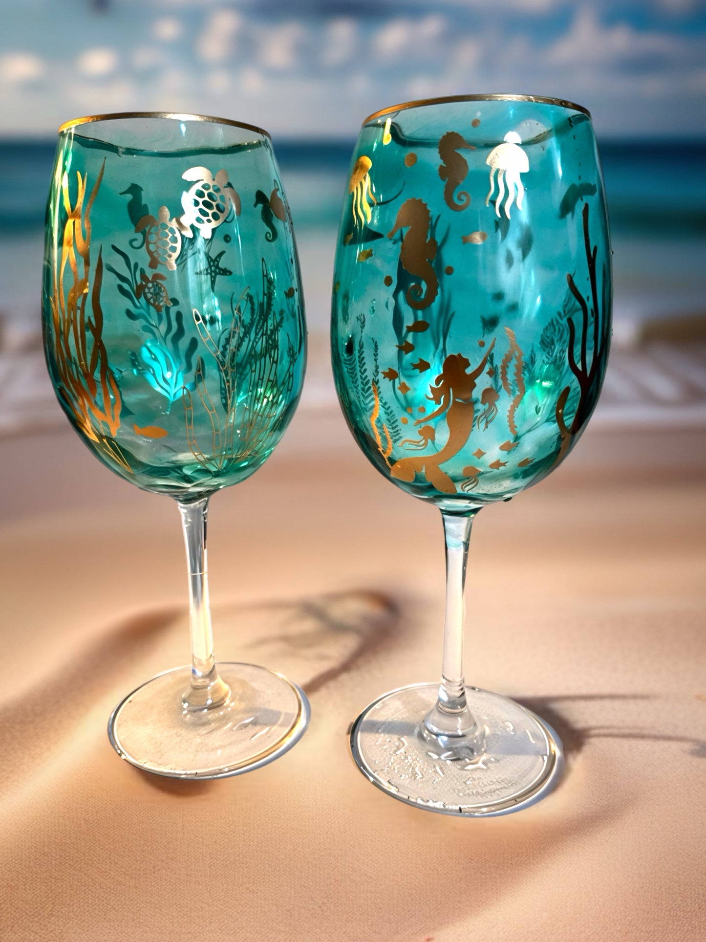 Handcrafted Turquoise Ocean‑Life Wine Glass