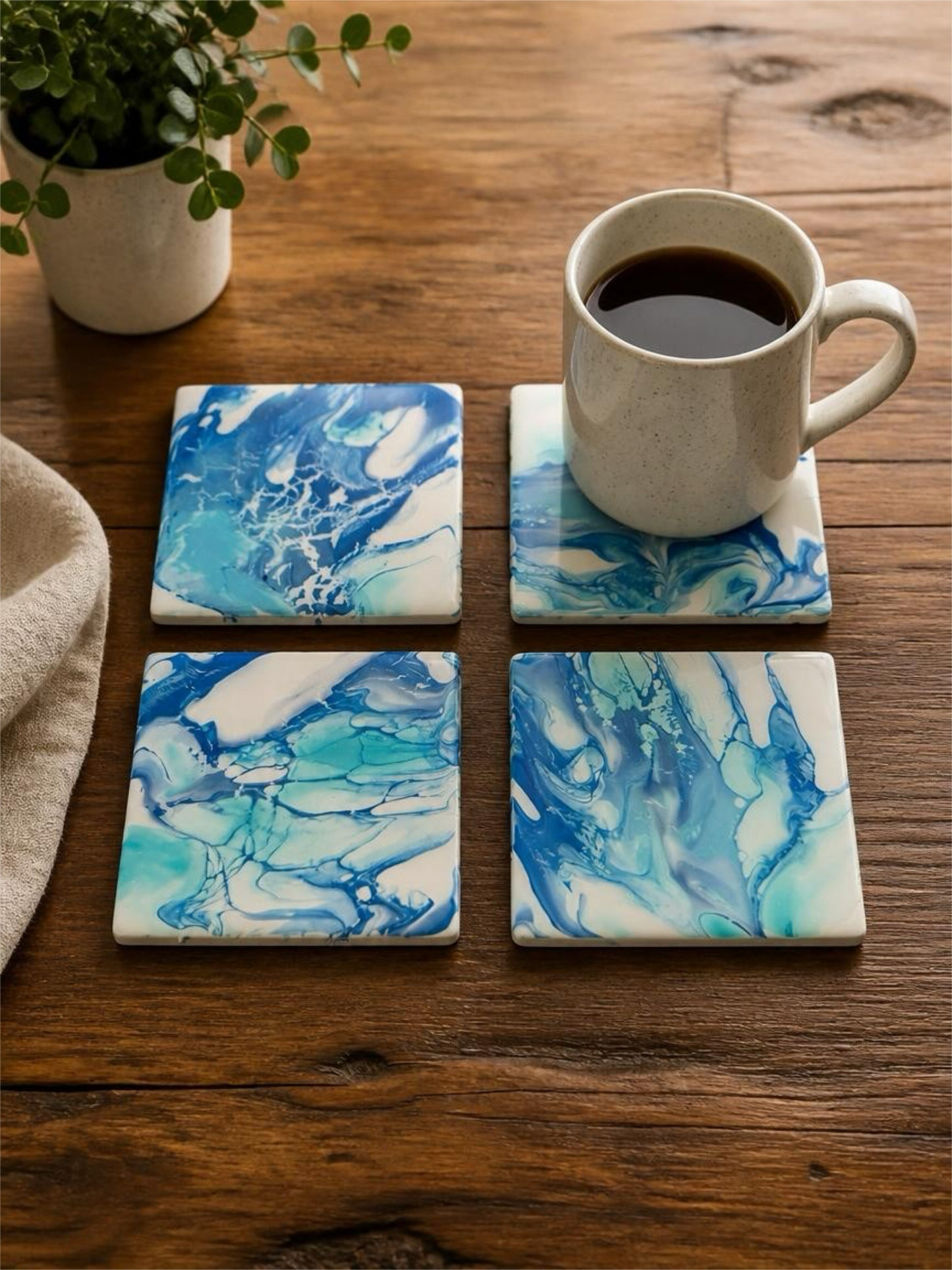 Artisan Sea Spray Acrylic Coasters – Handcrafted Ocean Swirl Drinkware