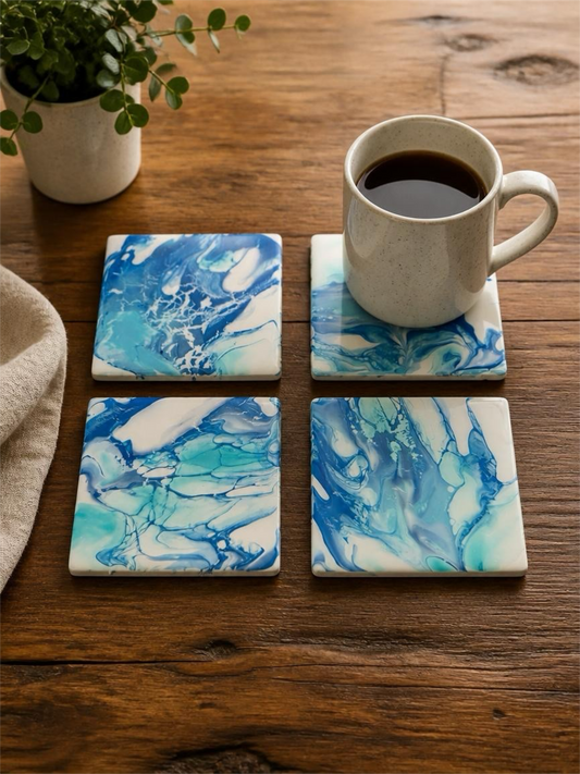 Artisan Sea Spray Acrylic Coasters – Handcrafted Ocean Swirl Drinkware