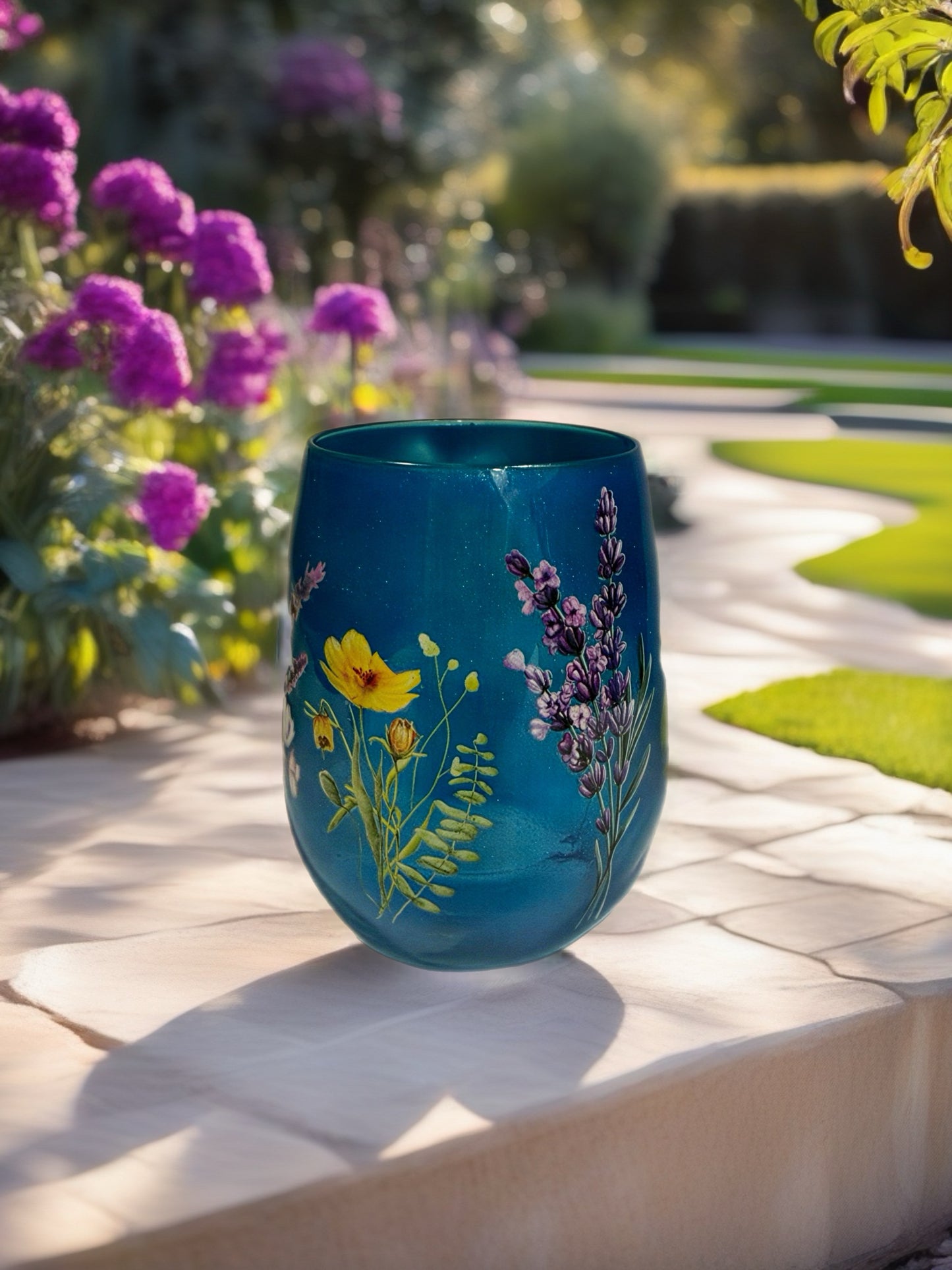Azure Meadow Shimmer Stemless Wine Glass