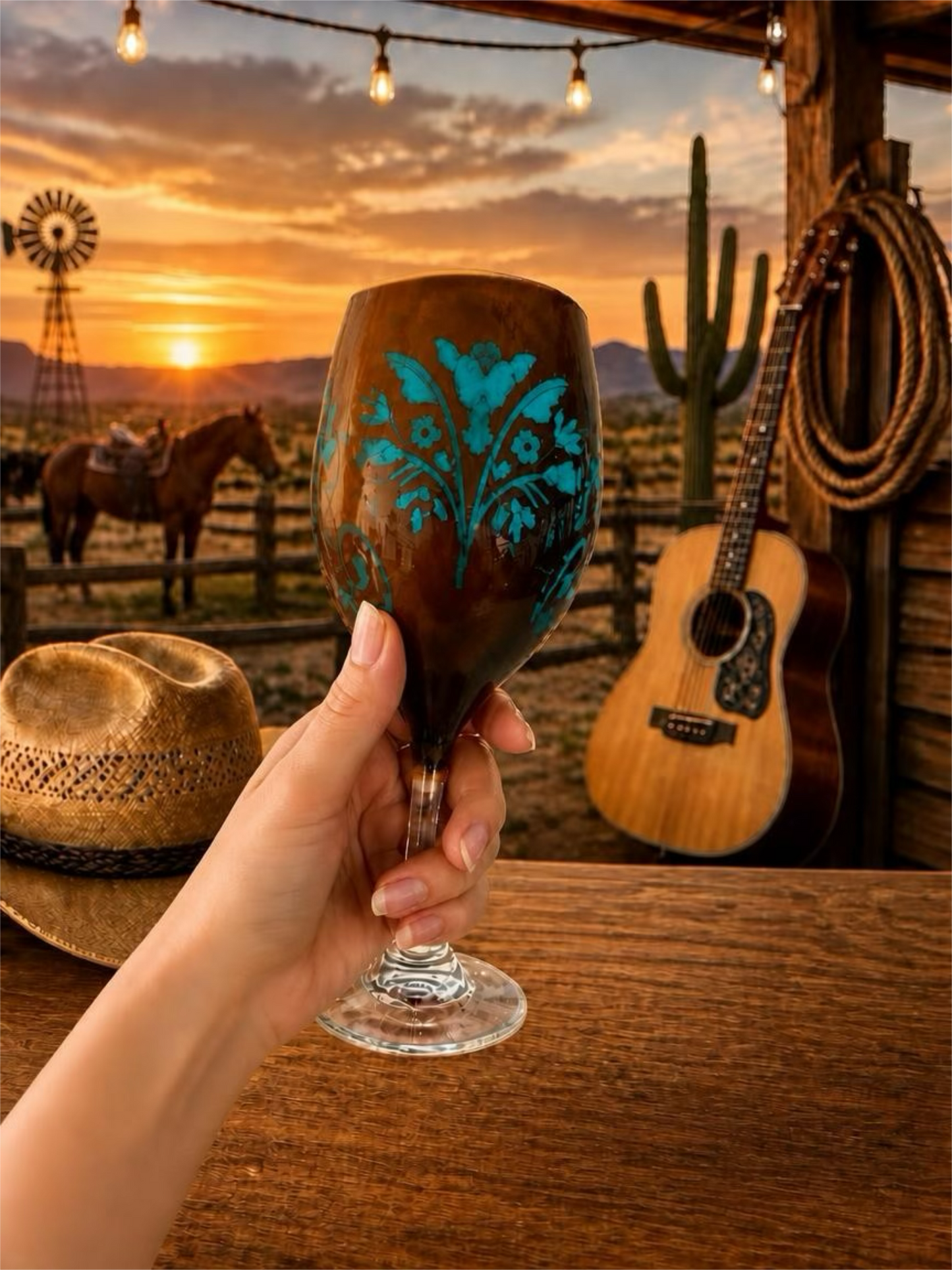 Rustic Southwestern Floral Inlay Wine Goblet