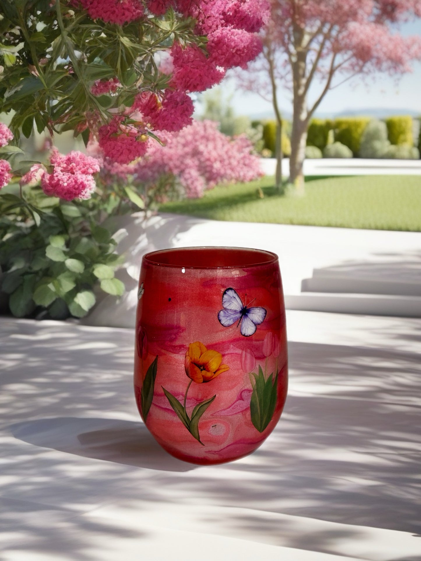 Enchanted Garden Stemless Wine Glass – Crimson & Tulips