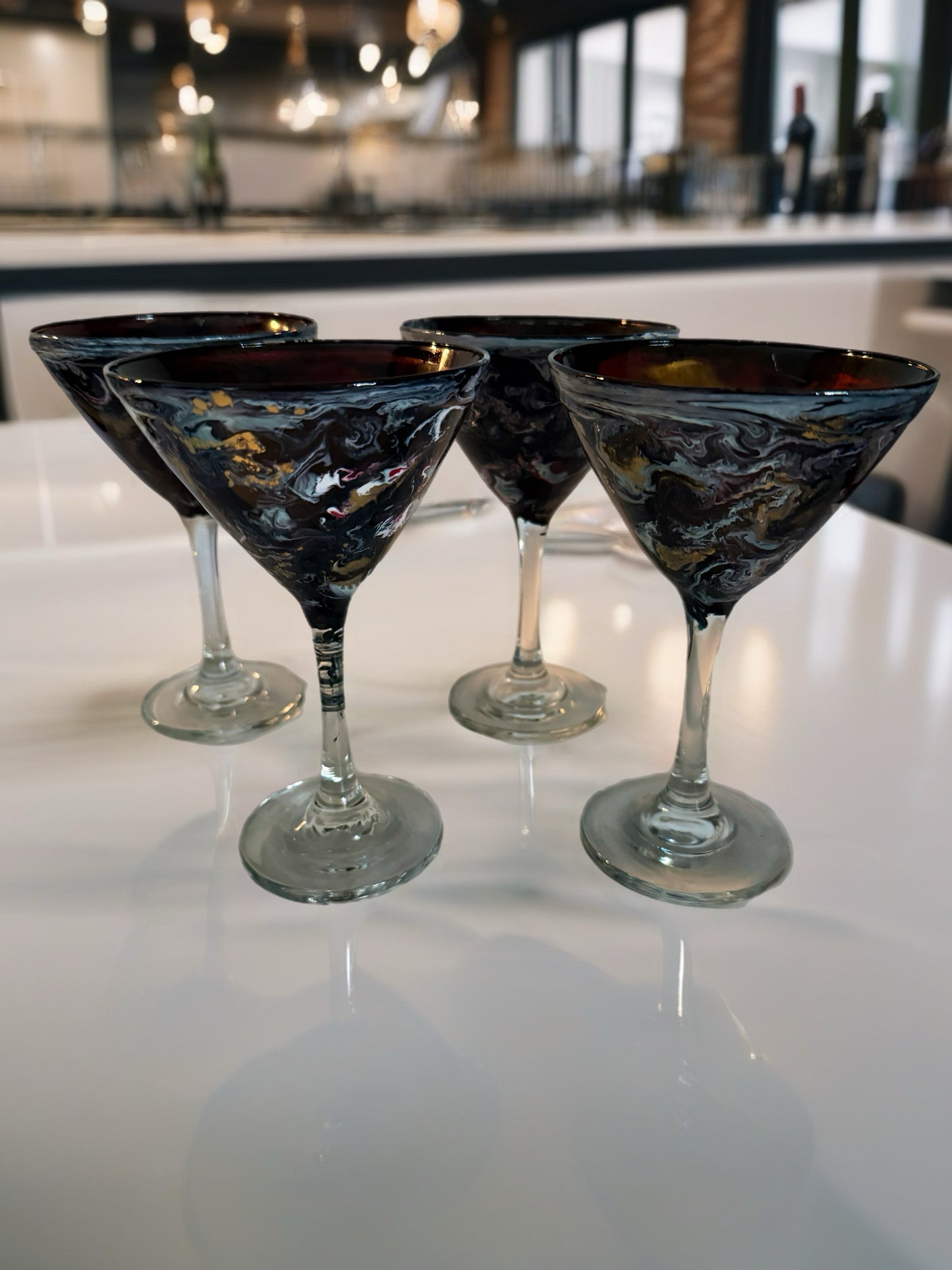 Black Obsidian Swirl Cocktail Set – Shaker with 4 Gold-Accented Martini Glasses