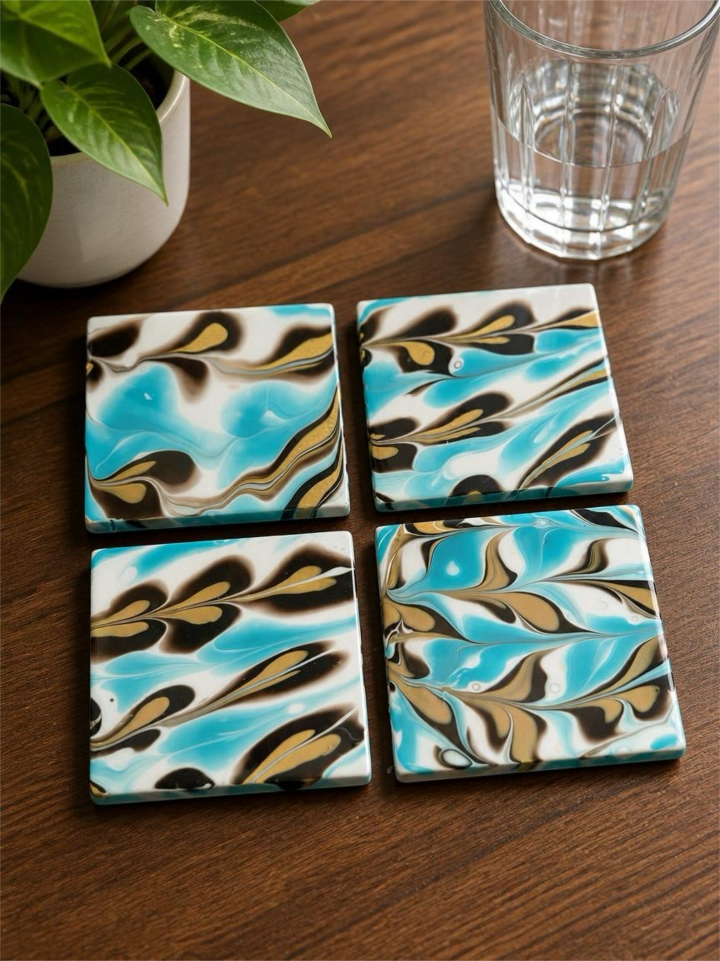 Feathered Marbled Fluid Art Coasters – Turquoise, Gold, & Obsidian