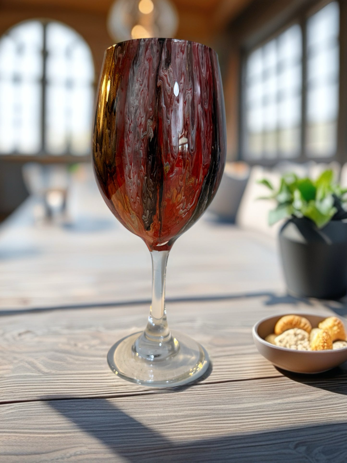 Handcrafted Red, Black & Gold Marbled Wine Glass