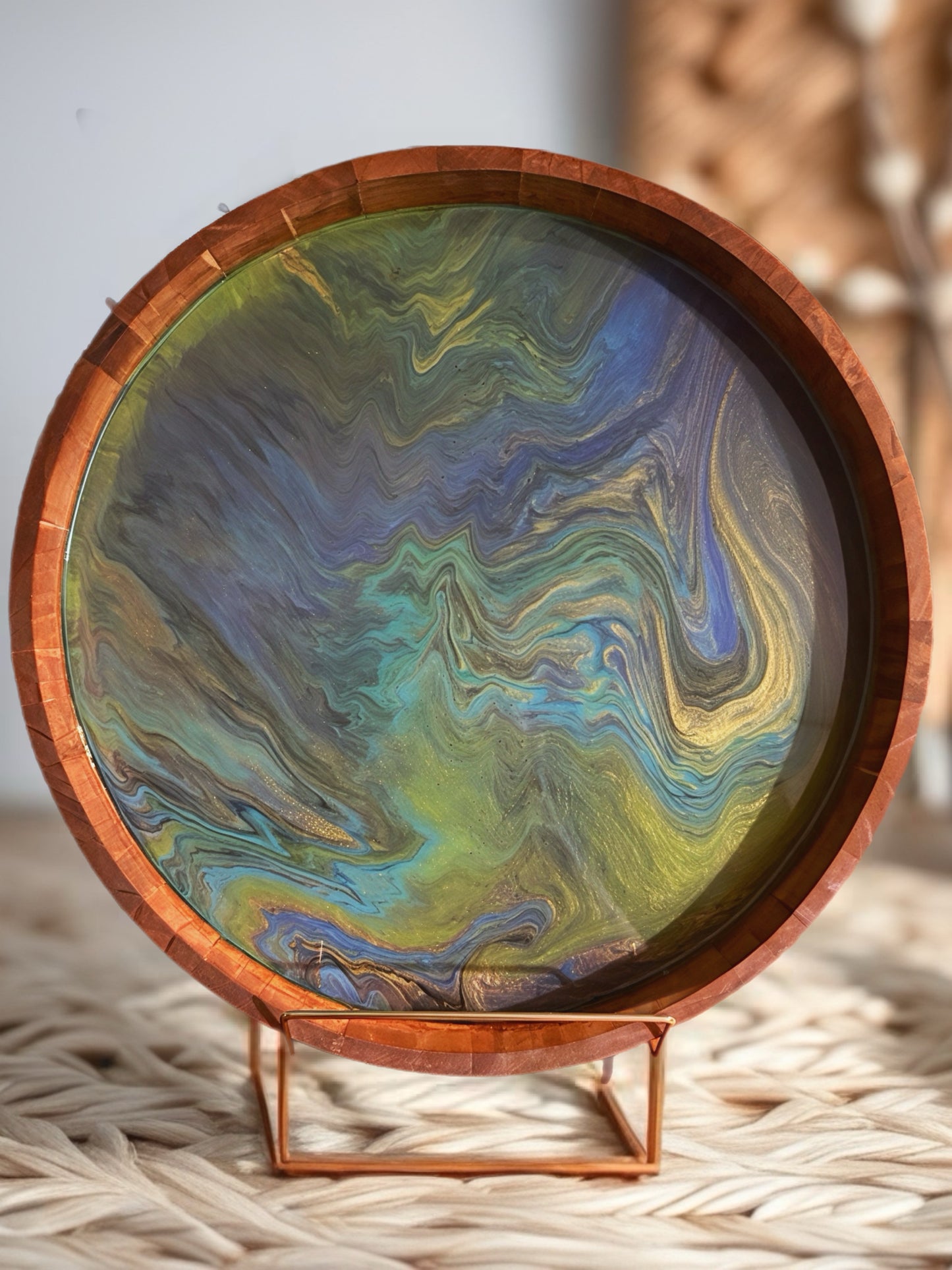 "Emerald Galaxy" Handcrafted Resin Inlay 14 Inch Wood Tray