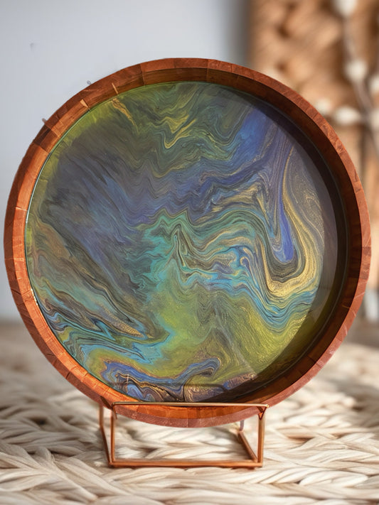 "Emerald Galaxy" Handcrafted Resin Inlay 14 Inch Wood Tray