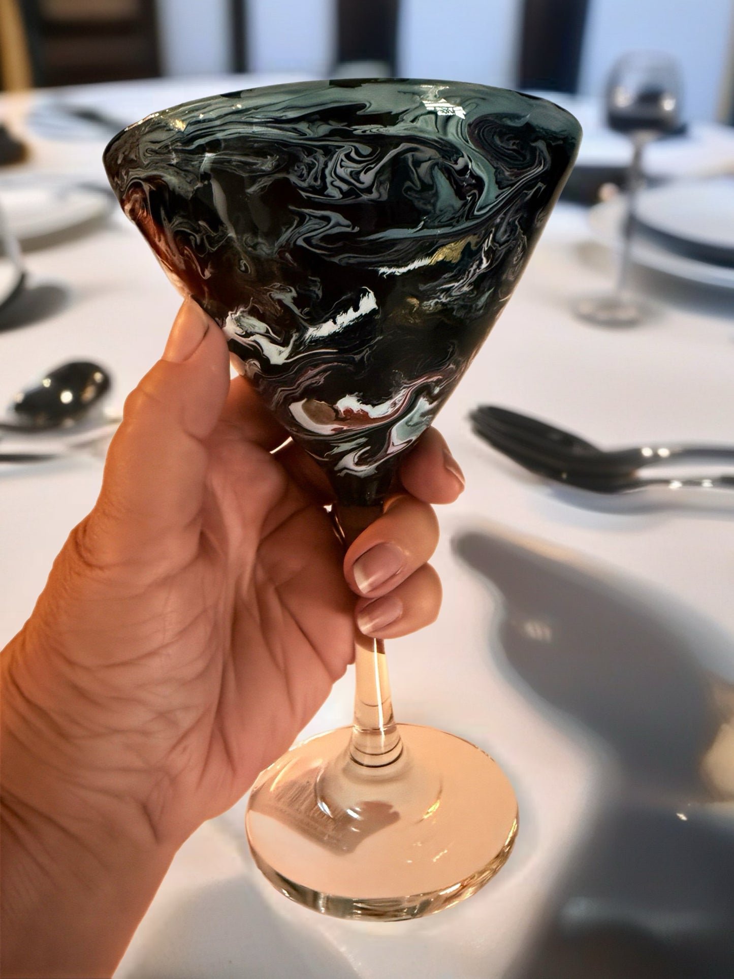 Black Obsidian Swirl Cocktail Set – Shaker with 4 Gold-Accented Martini Glasses