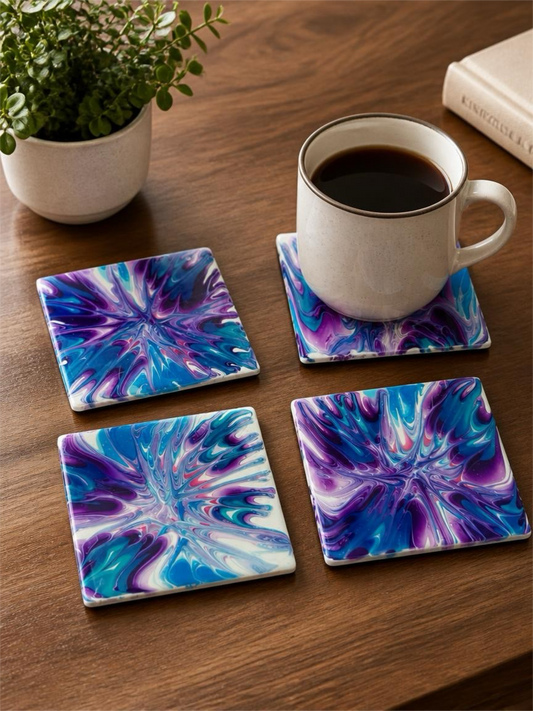 Electric Bloom Resin Coasters – Purple, Aqua & Pearl Drinkware Set