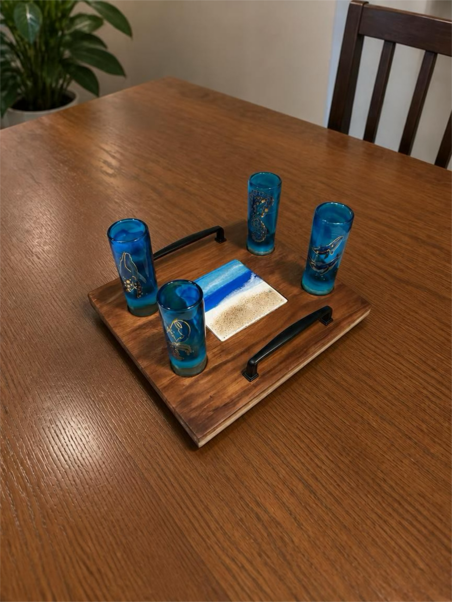 Nautical Treasures 4 Shot Glass & Custom Wooden Serving Tray Gift Set