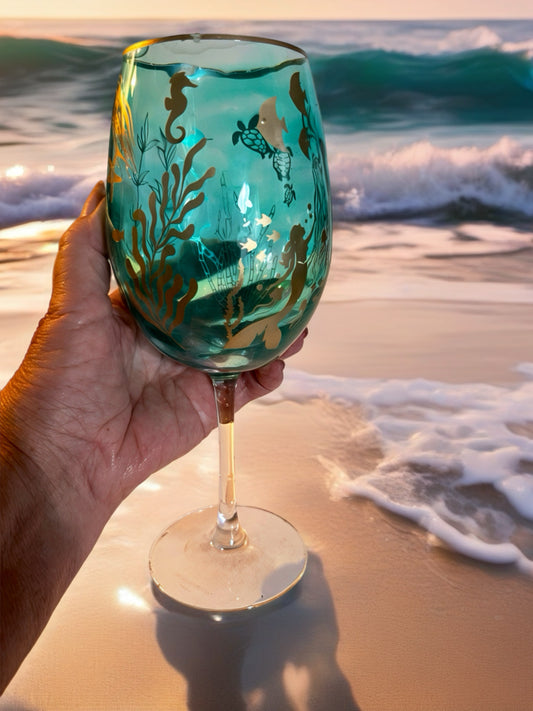 Handcrafted Turquoise Ocean‑Life Wine Glass