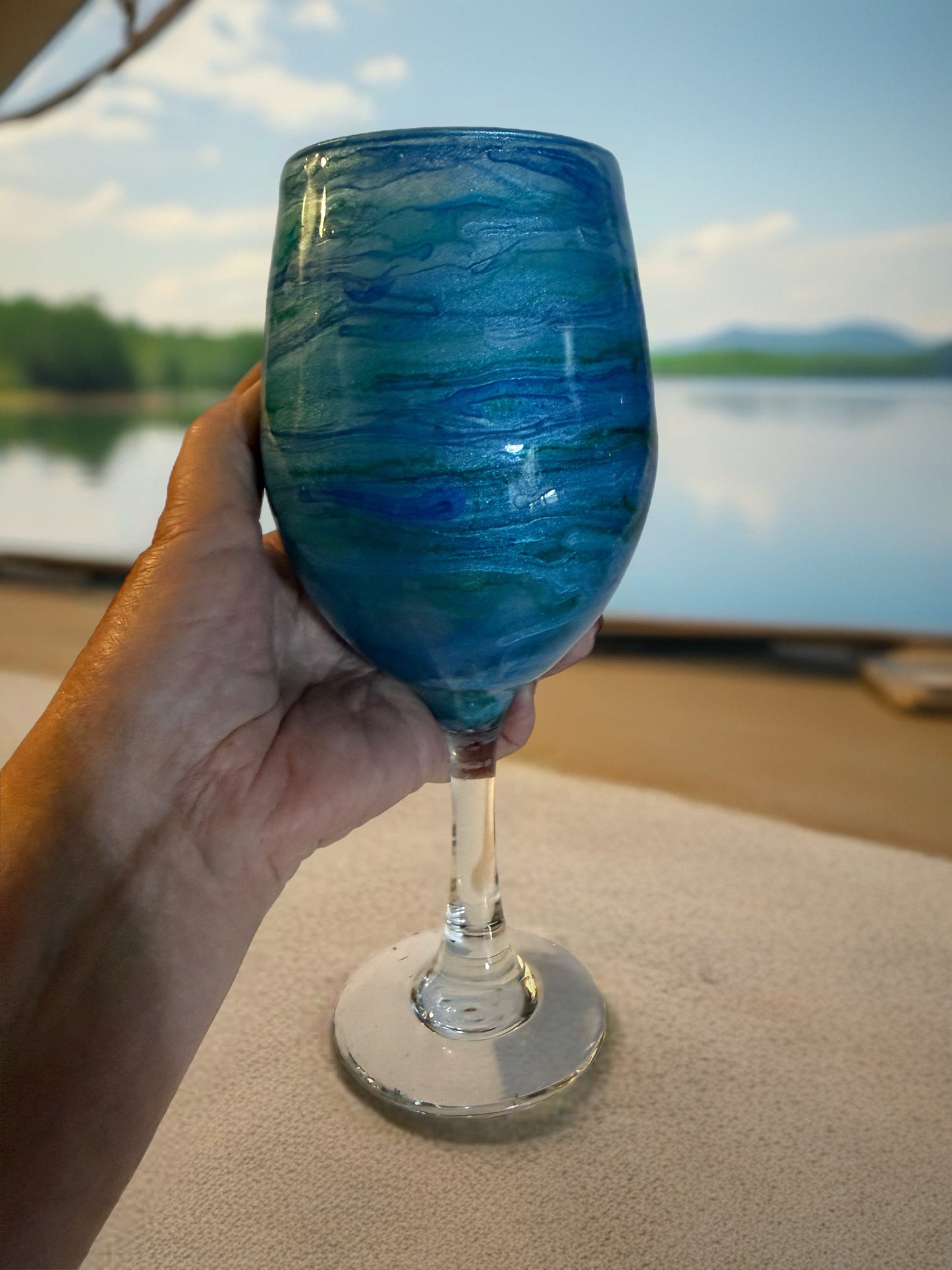 Handcrafted Blue, Green & Turquoise Marbled Wine Glass