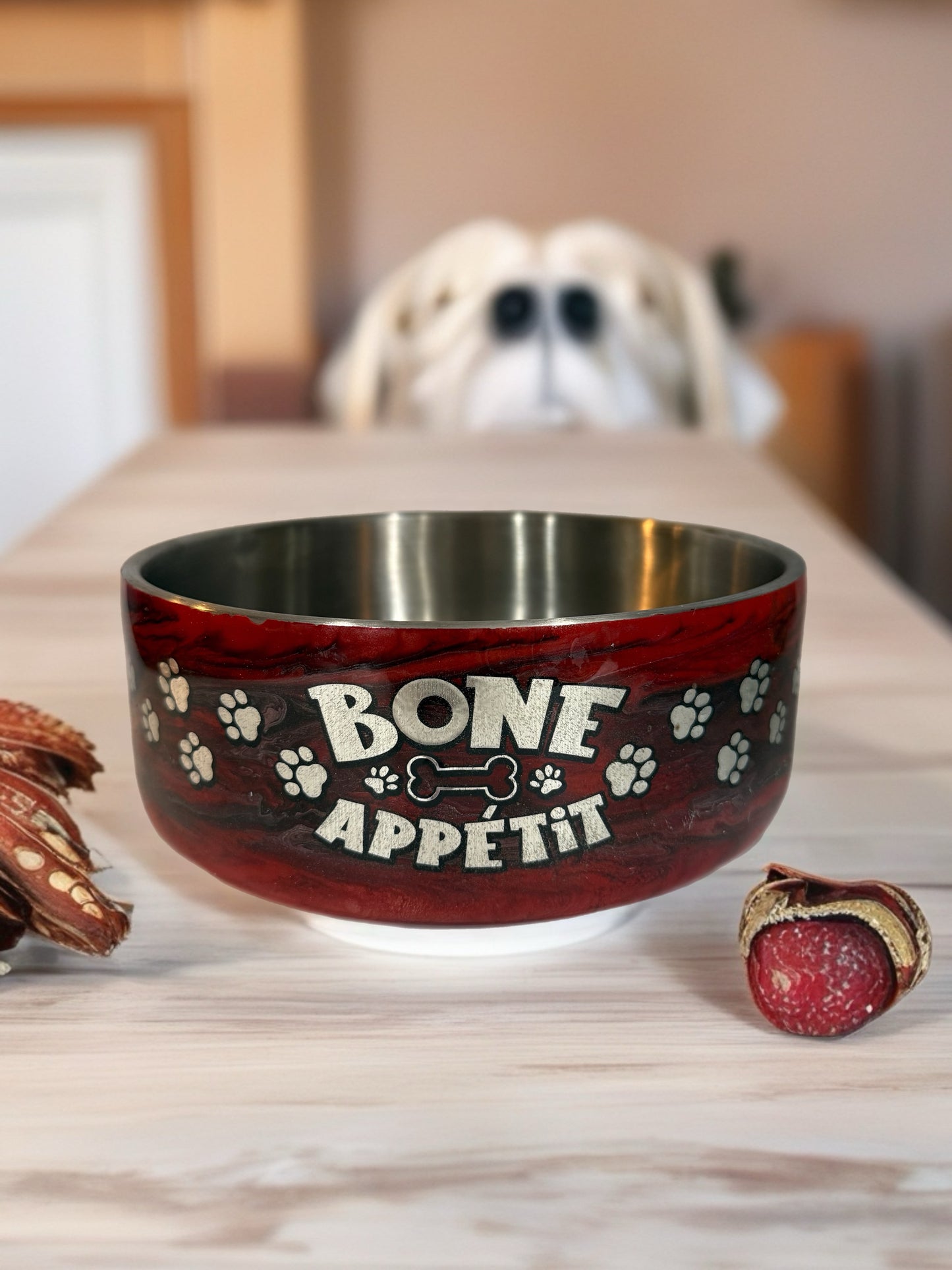 Stainless Steel 60 oz Dog Bowl – Red “Bone Appétit” Design