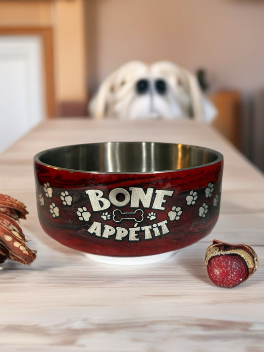 Stainless Steel 60 oz Dog Bowl – Red “Bone Appétit” Design