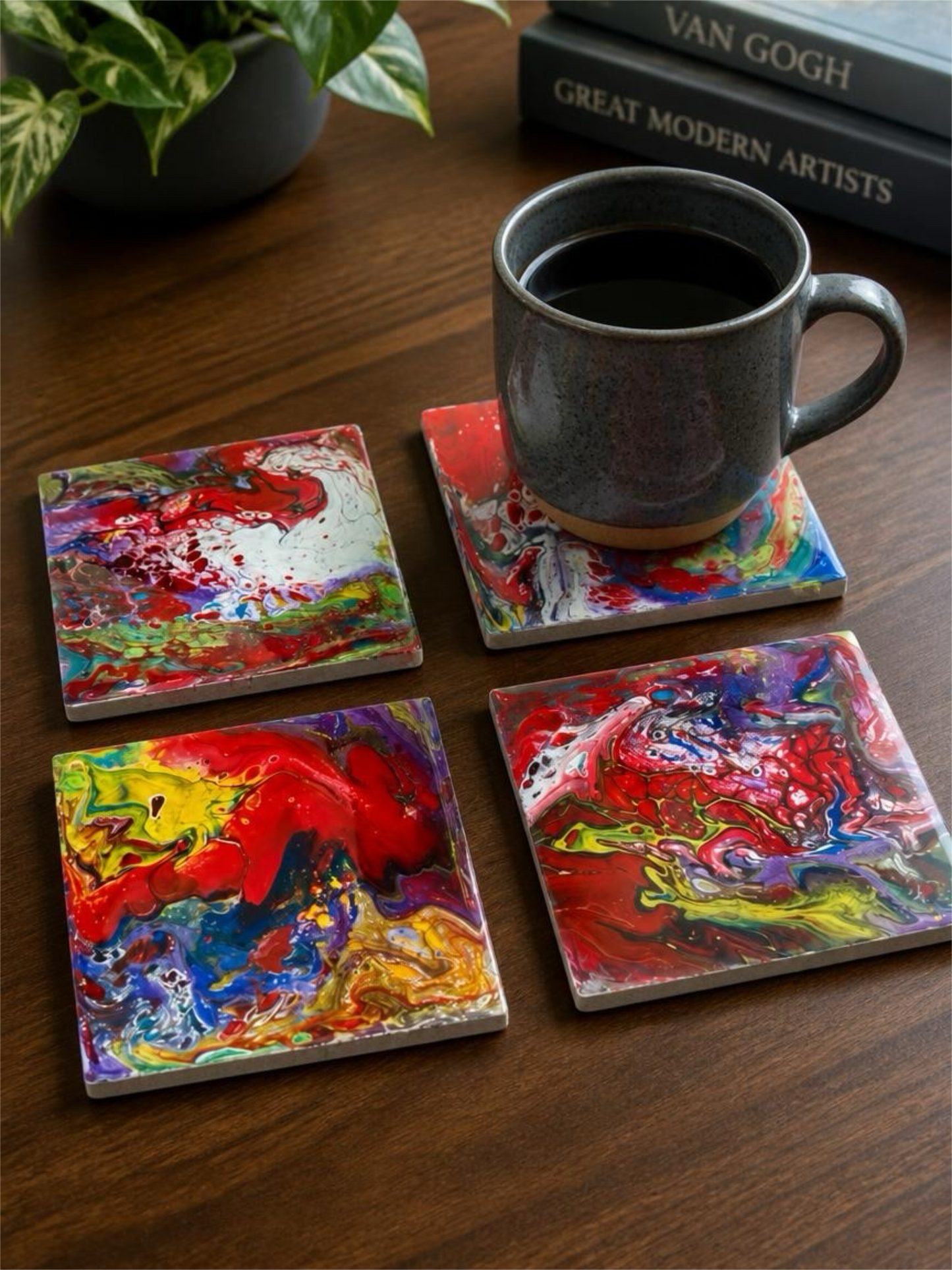 "Kaleidoscope Flow" Hand-Poured Resin Coasters – Set of 4