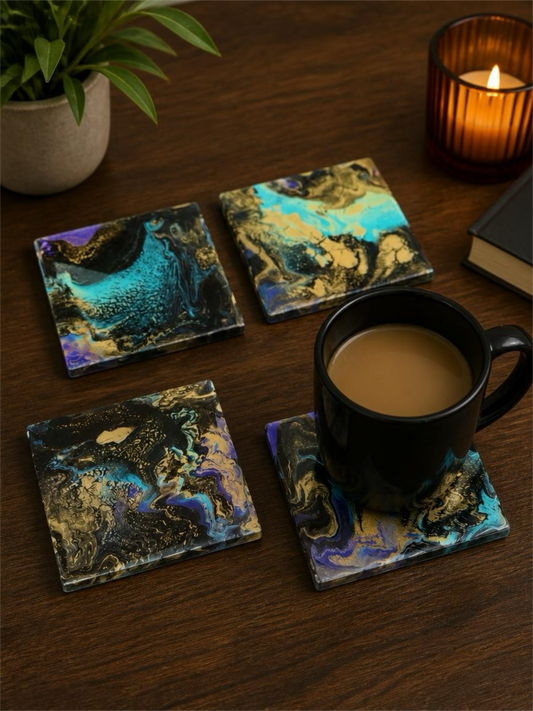 Celestial Nebula Metallic Fluid Art Set of 4 Coasters