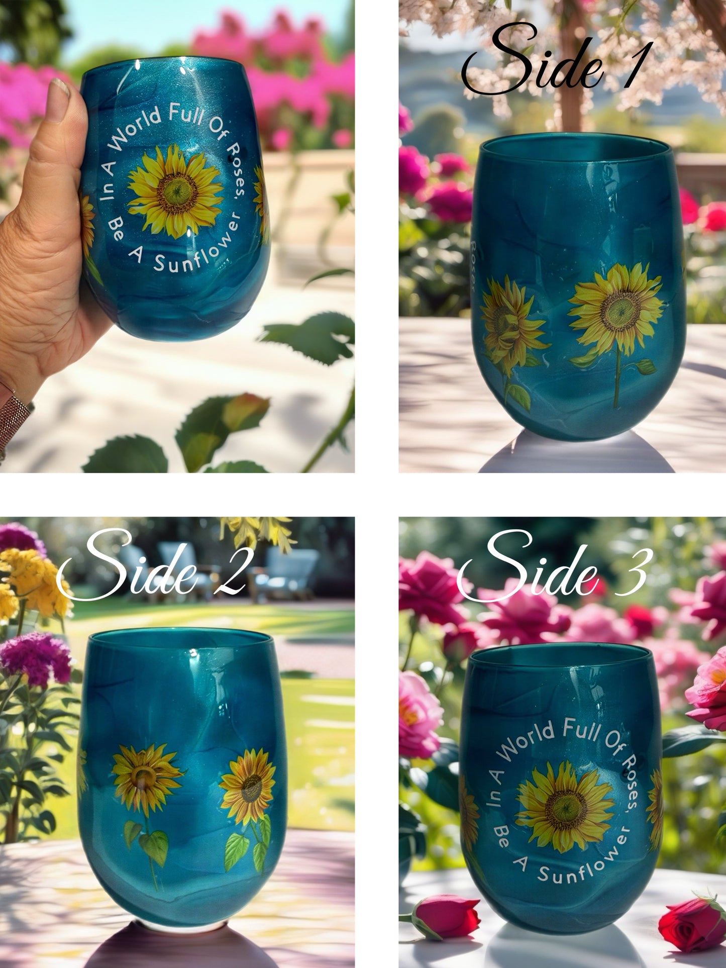 "Be A Sunflower" Teal Shimmer Stemless Glass