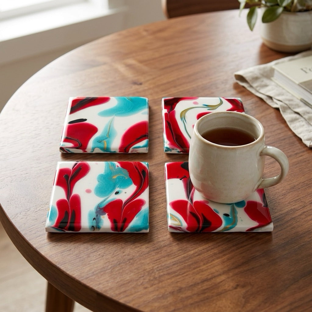 Crimson & Turquoise Acrylic Fluid Art Coasters (Set of 4)