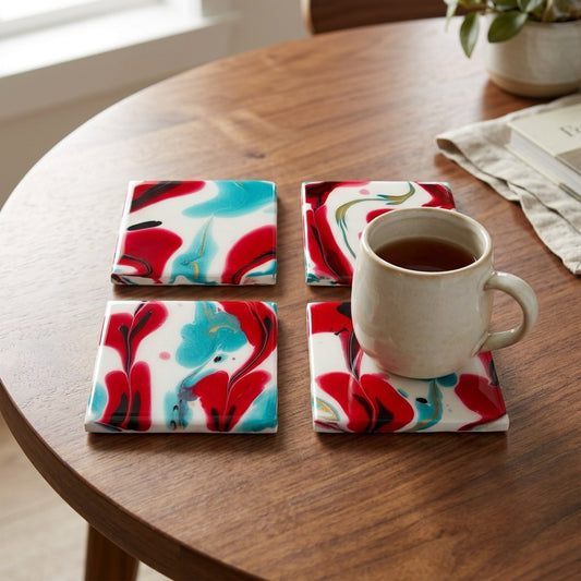 Crimson & Turquoise Acrylic Fluid Art Coasters (Set of 4)