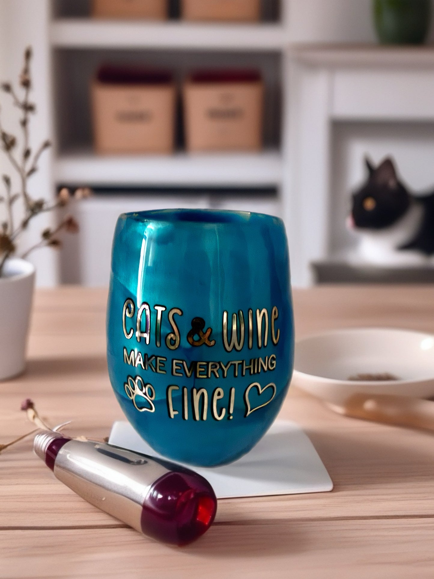 "Purrs & Pinot" Artisan Handcrafted Stemless Wine Glass